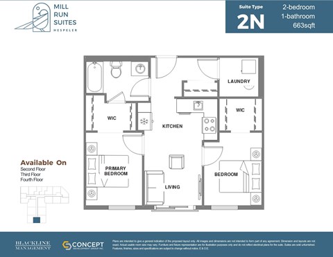Floor plan for 2 beds, 1 bath, 683 sqft